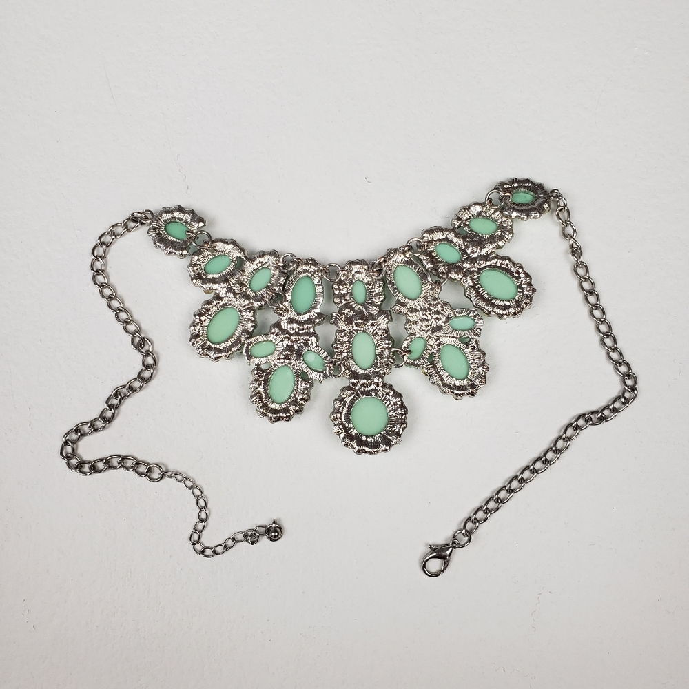 Aqua & Clear Stones Silvertone Bib Necklace - Picture 2 of 12
